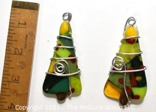 Two (2) Hand Crafted Fused Glass Christmas Tree Ornaments