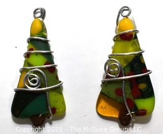 Two (2) Hand Crafted Fused Glass Christmas Tree Ornaments