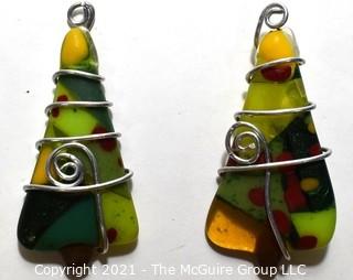 Two (2) Hand Crafted Fused Glass Christmas Tree Ornaments