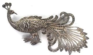 Vintage Art Deco Style Sterling Silver & Marcasite Peacock Brooch or Pin. Weighs 12g