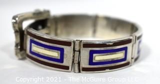 Vintage 1970's Maroon, Navy & White Enamel on Sterling Silver Hinged Buckle Bangle Bracelet, Made in Italy. Weighs 88g 