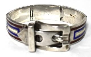 Vintage 1970's Maroon, Navy & White Enamel on Sterling Silver Hinged Buckle Bangle Bracelet, Made in Italy. Weighs 88g 