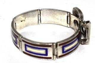 Vintage 1970's Maroon, Navy & White Enamel on Sterling Silver Hinged Buckle Bangle Bracelet, Made in Italy. Weighs 88g 