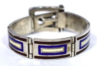 Vintage 1970's Maroon, Navy & White Enamel on Sterling Silver Hinged Buckle Bangle Bracelet, Made in Italy. Weighs 88g 