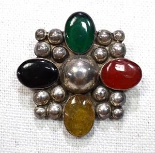 Vintage Mexico Taxco Sterling Silver with Cabochon Gem Stones Brooch or Pin. Weighs 16g