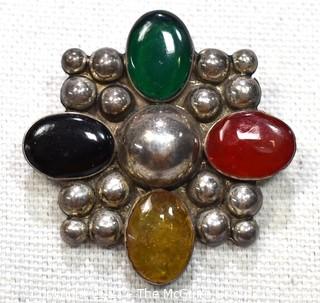 Vintage Mexico Taxco Sterling Silver with Cabochon Gem Stones Brooch or Pin. Weighs 16g