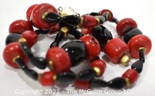 Vintage Red & Black Glass Drop Bead Necklace with Pendant Center.