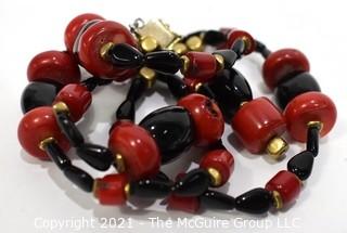 Vintage Red & Black Glass Drop Bead Necklace with Pendant Center.