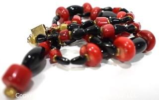 Vintage Red & Black Glass Drop Bead Necklace with Pendant Center.