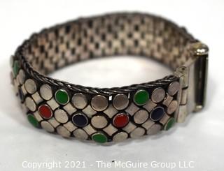 Vintage Unmarked Sterling Silver with Enamel Decoration Mesh Chain Mail Bracelet with Screw Pin Shackle Clasp. Weighs 75g