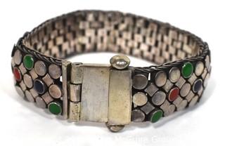 Vintage Unmarked Sterling Silver with Enamel Decoration Mesh Chain Mail Bracelet with Screw Pin Shackle Clasp. Weighs 75g
