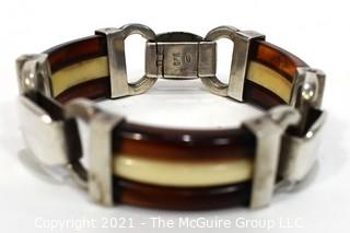 Vintage Root Beer and White Bakelite with Sterling Silver Link Bracelet. Weighs 54g