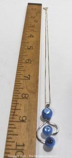 Sterling Silver Box Chain with Mounted Art Glass Blue Bead Pendant