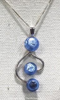 Sterling Silver Box Chain with Mounted Art Glass Blue Bead Pendant