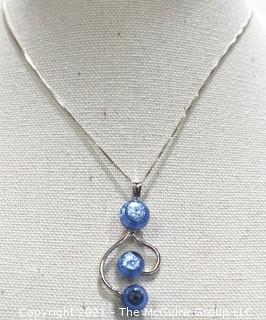 Sterling Silver Box Chain with Mounted Art Glass Blue Bead Pendant