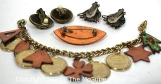 Group of Vintage Copper & Enamel Jewelry.  Includes Coin Charm Bracelet, Brooch & Matisse Clip On Earrings.