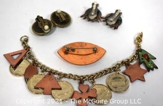 Group of Vintage Copper & Enamel Jewelry.  Includes Coin Charm Bracelet, Brooch & Matisse Clip On Earrings.