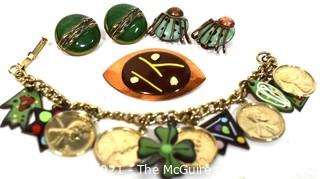 Group of Vintage Copper & Enamel Jewelry.  Includes Coin Charm Bracelet, Brooch & Matisse Clip On Earrings.