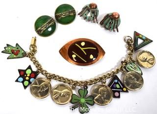 Group of Vintage Copper & Enamel Jewelry.  Includes Coin Charm Bracelet, Brooch & Matisse Clip On Earrings.