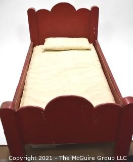 Antique Primitive Hand Made Red Painted Doll Bed.  Measures 24" x 14" x 13".