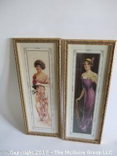 Pair of framed feminine prints in formal dresses; 9 1/2 x 24" 