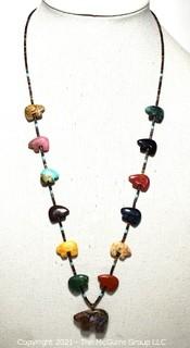 Vintage Native American Zuni Bear Fetish Multi Gemstone Bead Necklace  