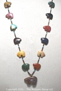 Vintage Native American Zuni Bear Fetish Multi Gemstone Bead Necklace  