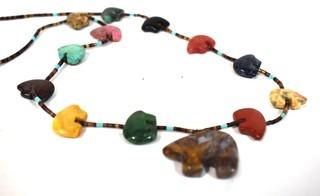 Vintage Native American Zuni Bear Fetish Multi Gemstone Bead Necklace  