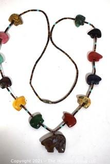 Vintage Native American Zuni Bear Fetish Multi Gemstone Bead Necklace  