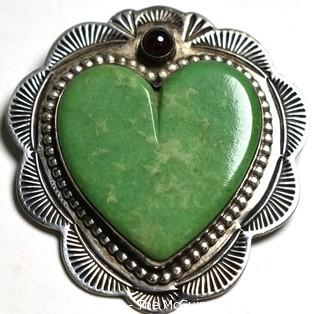 Vintage Hand Pierced Sterling Silver with Green Stone Sacred Heart Brooch 