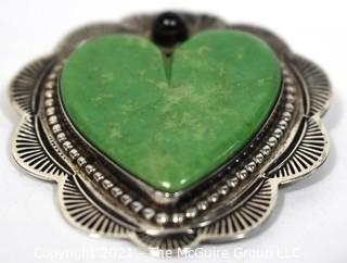 Vintage Hand Pierced Sterling Silver with Green Stone Sacred Heart Brooch 