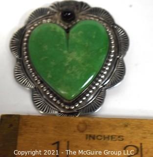 Vintage Hand Pierced Sterling Silver with Green Stone Sacred Heart Brooch 