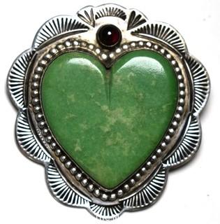 Vintage Hand Pierced Sterling Silver with Green Stone Sacred Heart Brooch 