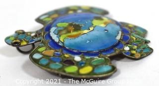 Vintage Cloisonne Enamel on Sterling Silver Turtle Brooch or Pendant with Map of World on Its Back. Weighs 8g