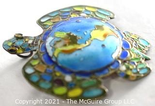 Vintage Cloisonne Enamel on Sterling Silver Turtle Brooch or Pendant with Map of World on Its Back. Weighs 8g