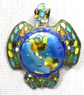 Vintage Cloisonne Enamel on Sterling Silver Turtle Brooch or Pendant with Map of World on Its Back. Weighs 8g