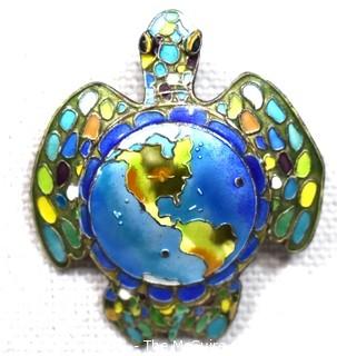 Vintage Cloisonne Enamel on Sterling Silver Turtle Brooch or Pendant with Map of World on Its Back. Weighs 8g