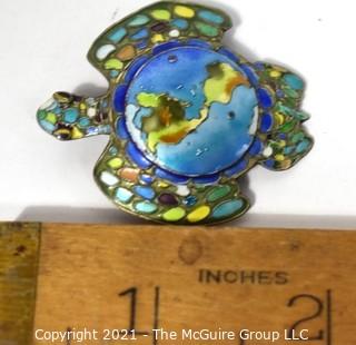 Vintage Cloisonne Enamel on Sterling Silver Turtle Brooch or Pendant with Map of World on Its Back. Weighs 8g