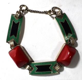 Vintage Sterling Silver Enamel Painted Link Bracelet with Red Stone Inserts Made by Jules P Goldstein Co. Weighs 24g