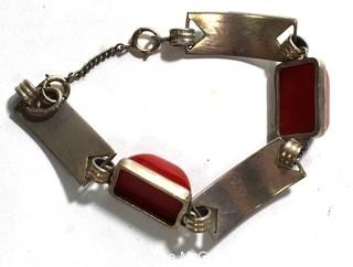 Vintage Sterling Silver Enamel Painted Link Bracelet with Red Stone Inserts Made by Jules P Goldstein Co. Weighs 24g