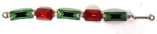 Vintage Sterling Silver Enamel Painted Link Bracelet with Red Stone Inserts Made by Jules P Goldstein Co. Weighs 24g