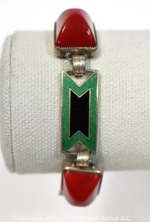 Vintage Sterling Silver Enamel Painted Link Bracelet with Red Stone Inserts Made by Jules P Goldstein Co. Weighs 24g