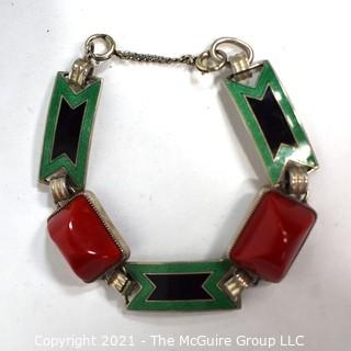 Vintage Sterling Silver Enamel Painted Link Bracelet with Red Stone Inserts Made by Jules P Goldstein Co. Weighs 24g