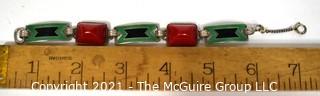 Vintage Sterling Silver Enamel Painted Link Bracelet with Red Stone Inserts Made by Jules P Goldstein Co. Weighs 24g