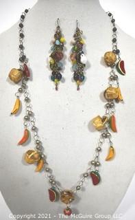 Hand Made Mexican Watermelon Basket Charm Necklace & Cluster Bead Dangle Earrings with Wire Hook. 