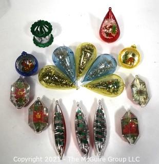 Collection of Jewel Brite Diorama Lantern Lucite Christmas Ornaments & One Twinkler Heat Spinner Ornament 