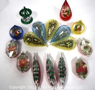 Collection of Jewel Brite Diorama Lantern Lucite Christmas Ornaments & One Twinkler Heat Spinner Ornament 