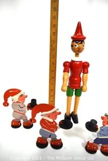 Four (4) Vintage Painted German Gnome Candle Holders & Articulated Wooden Pinocchio Toy Made by Tonna Giocattoli, Italy.