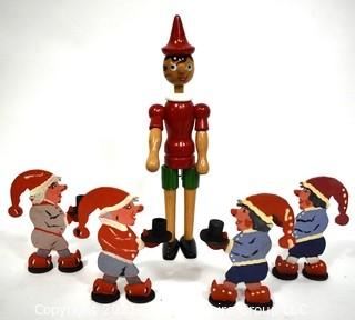 Four (4) Vintage Painted German Gnome Candle Holders & Articulated Wooden Pinocchio Toy Made by Tonna Giocattoli, Italy.