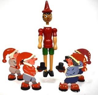 Four (4) Vintage Painted German Gnome Candle Holders & Articulated Wooden Pinocchio Toy Made by Tonna Giocattoli, Italy.